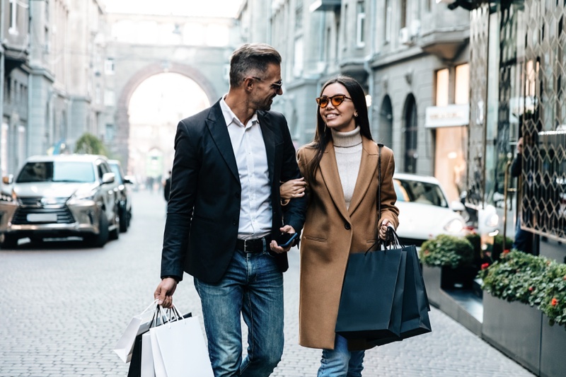 Happy Couple Shopping Bags Stylish Outfits