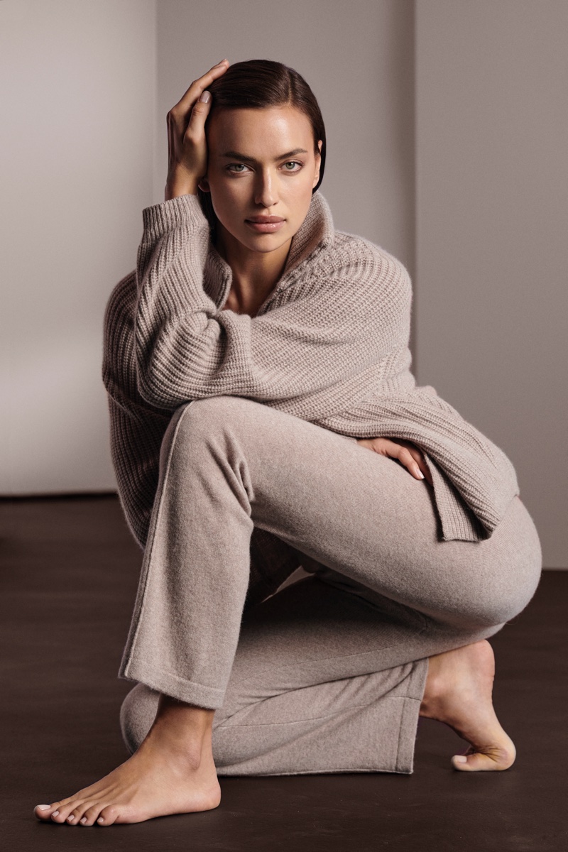 Irina Shayk wears neutral knit pieces for NAKEDCASHMERE fall 2021 campaign.