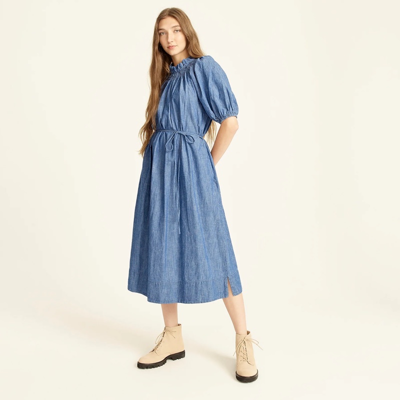 J. Crew Smocked-Neck Puff-Sleeve Dress in Chambray $148