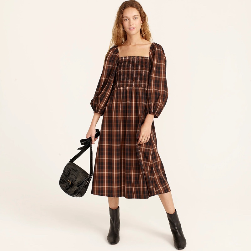 J. Crew Smocked Puff-Sleeve Dress in Friday Plaid $128