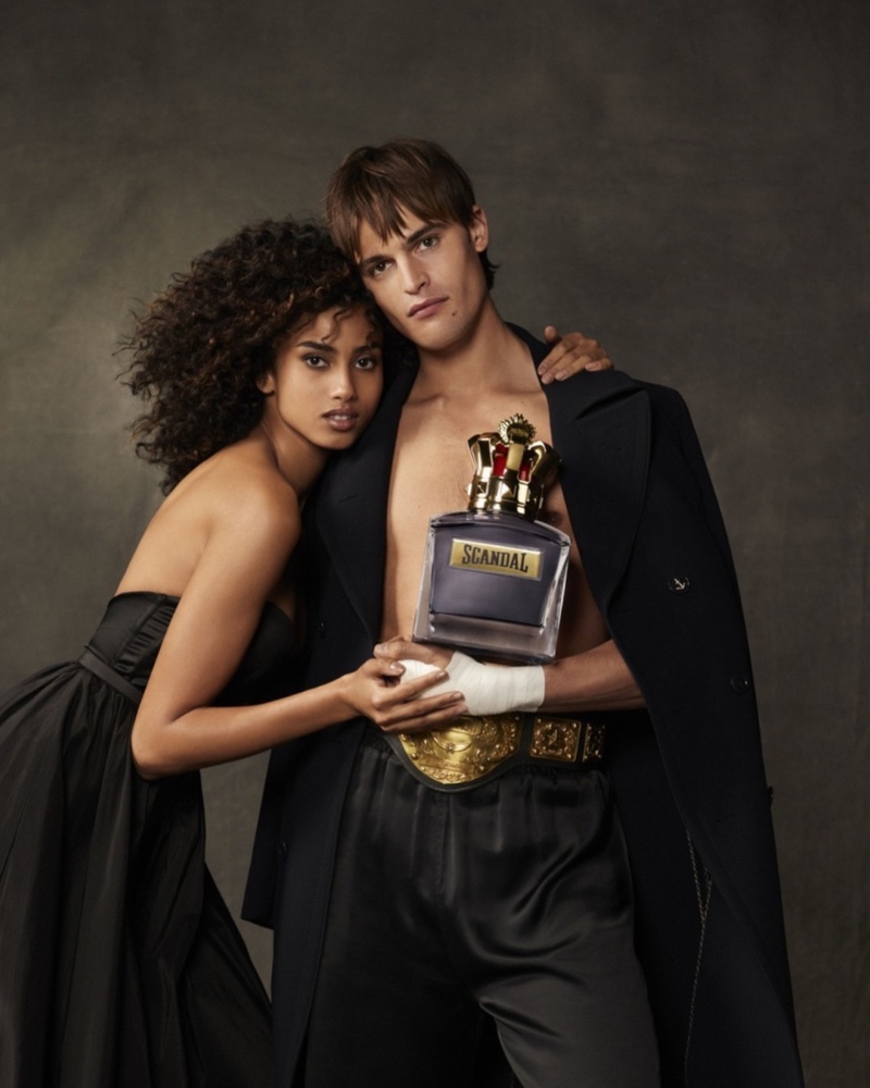 Imaan Hammam and Parker van Noord pose for Jean Paul Gaultier Scandal fragrance shoot.