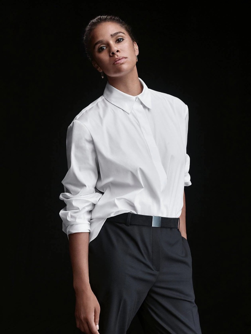 Misty Copeland wears Theory menswear shirt for the brand’s fall 2021 campaign.