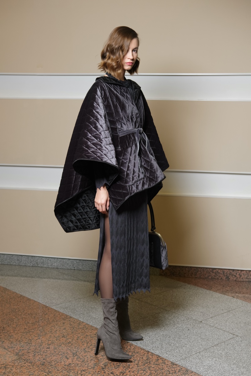 Model Velvet Quilted Cape Poncho Boots Outfit