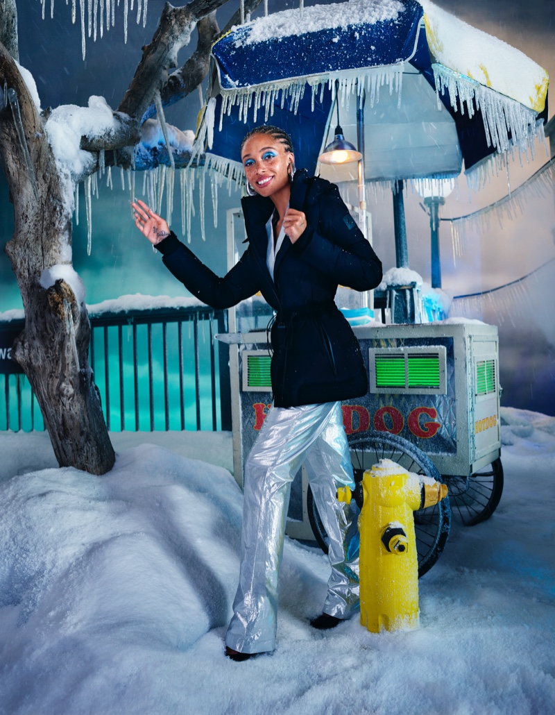 Posing next to a food truck, Adwoa Aboah stars in Moose Knuckles fall-winter 2021 campaign.