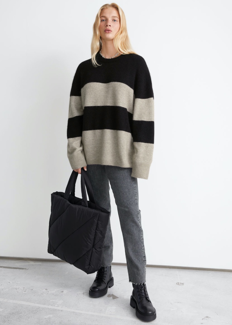 & Other Stories Oversized Knit Sweater in Black/Mole Stripes $99