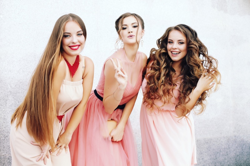 Prom Style Three Girls Pink Dresses Happy Smiling