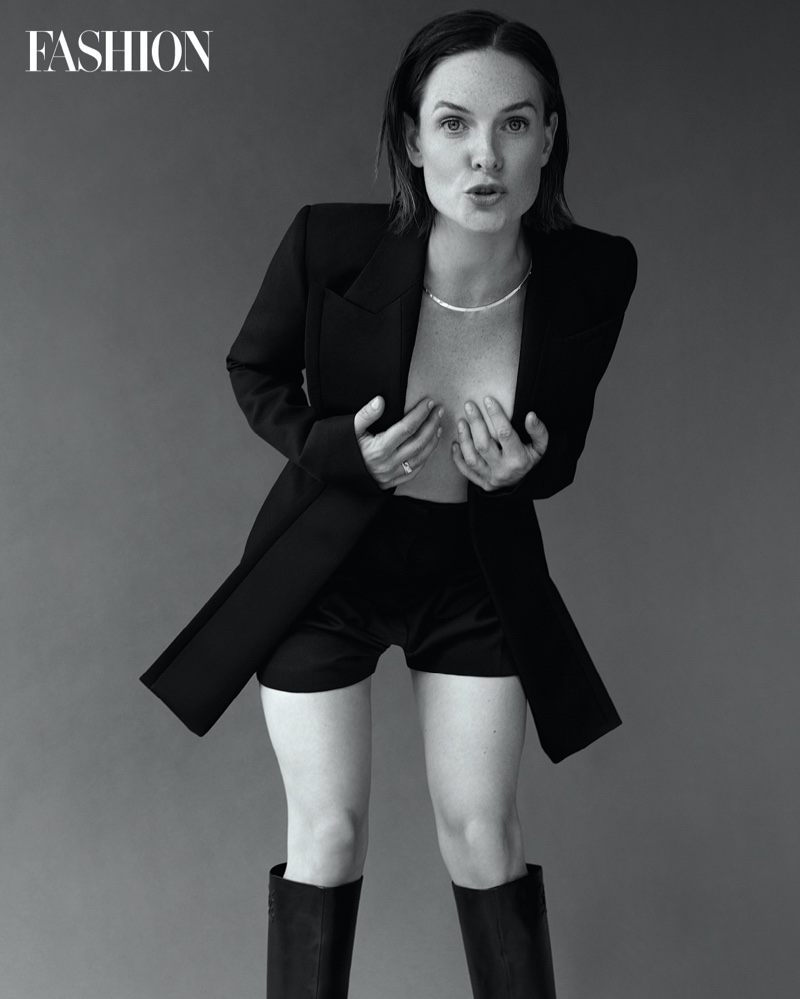 Posing topless, actress Rebecca Ferguson poses in Fendi jacket, shorts, and boots. Photo: Royal Gilbert / FASHION