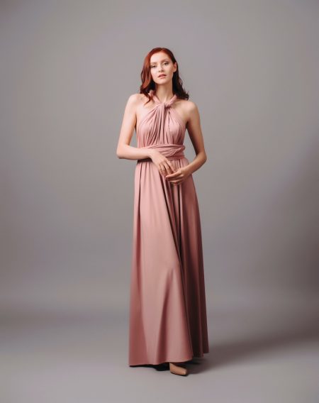 Halter Neck Outfit Styling Ideas Redhead Model Long Pink Halter Dress