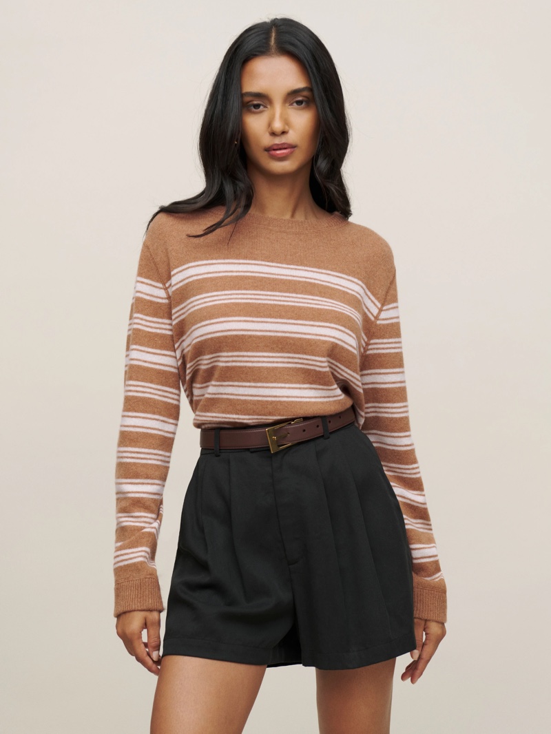 Reformation Cashmere Boyfriend Sweater in Camel Stripe $158