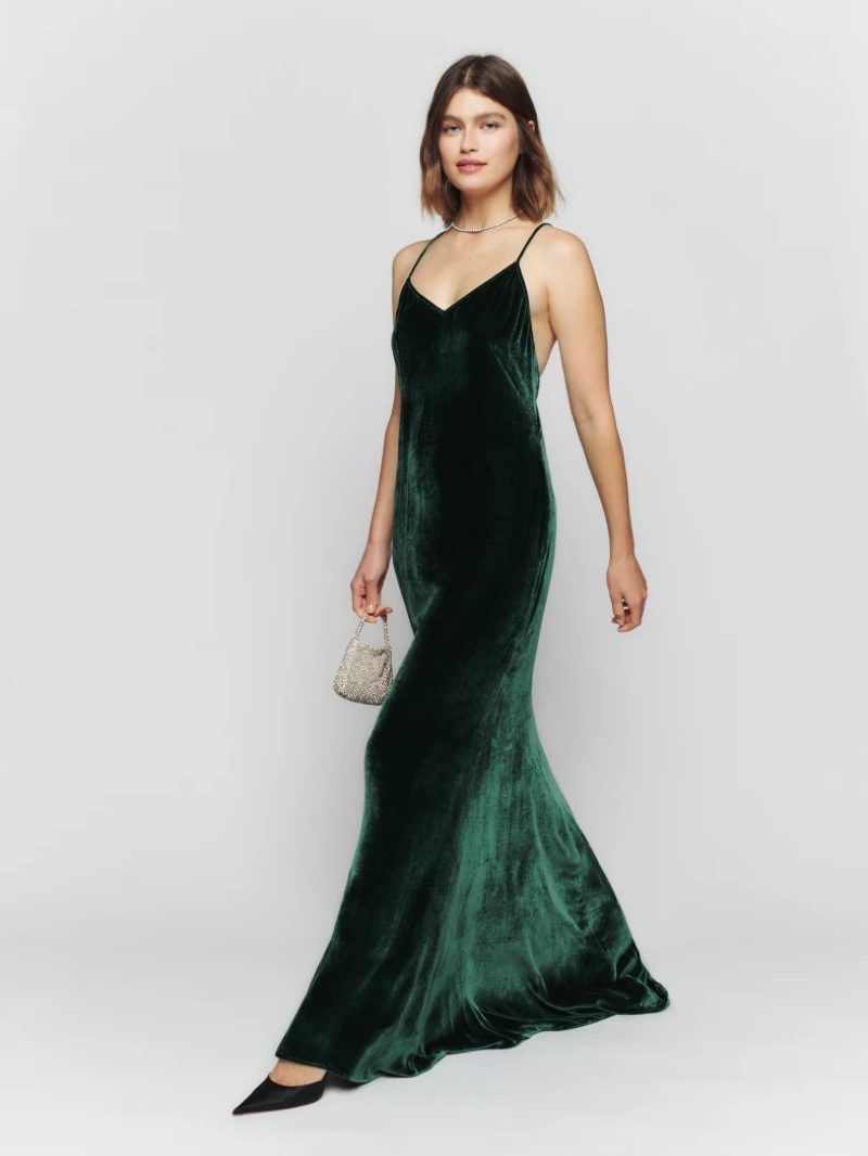 Reformation Rimini Velvet Dress in Forest $398