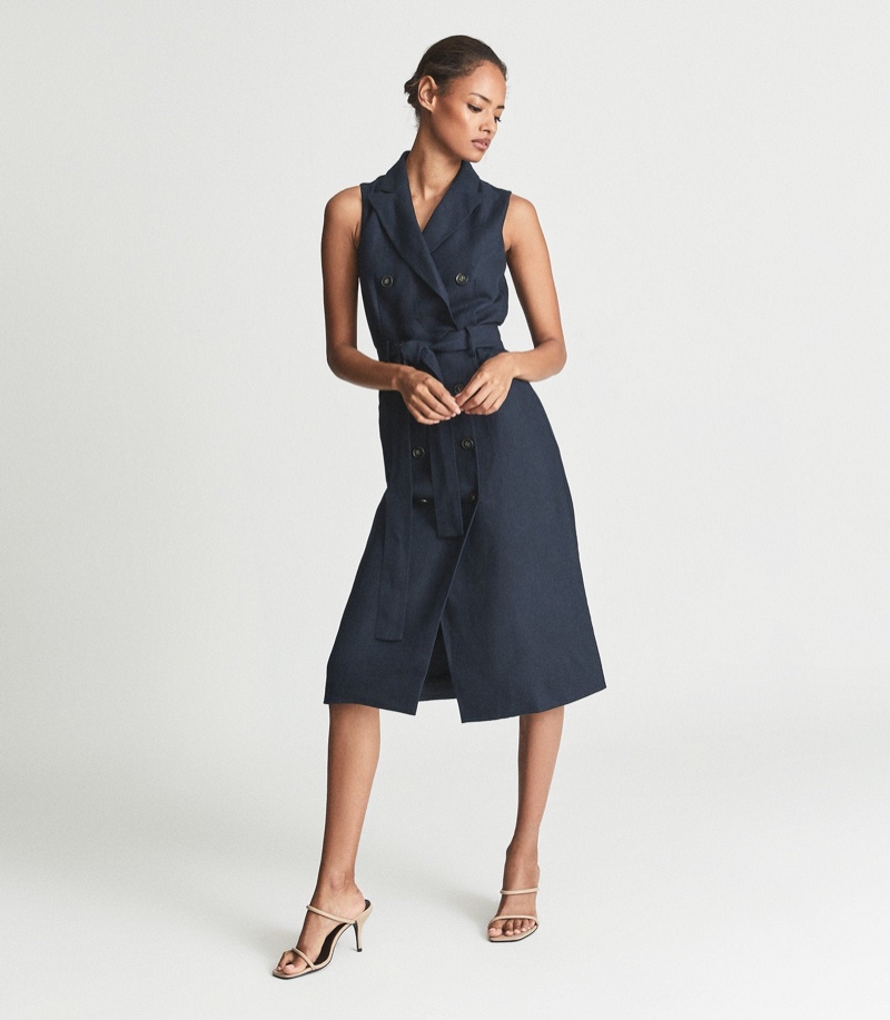 Reiss Dana Linen Blend Midi Dress in Navy $335