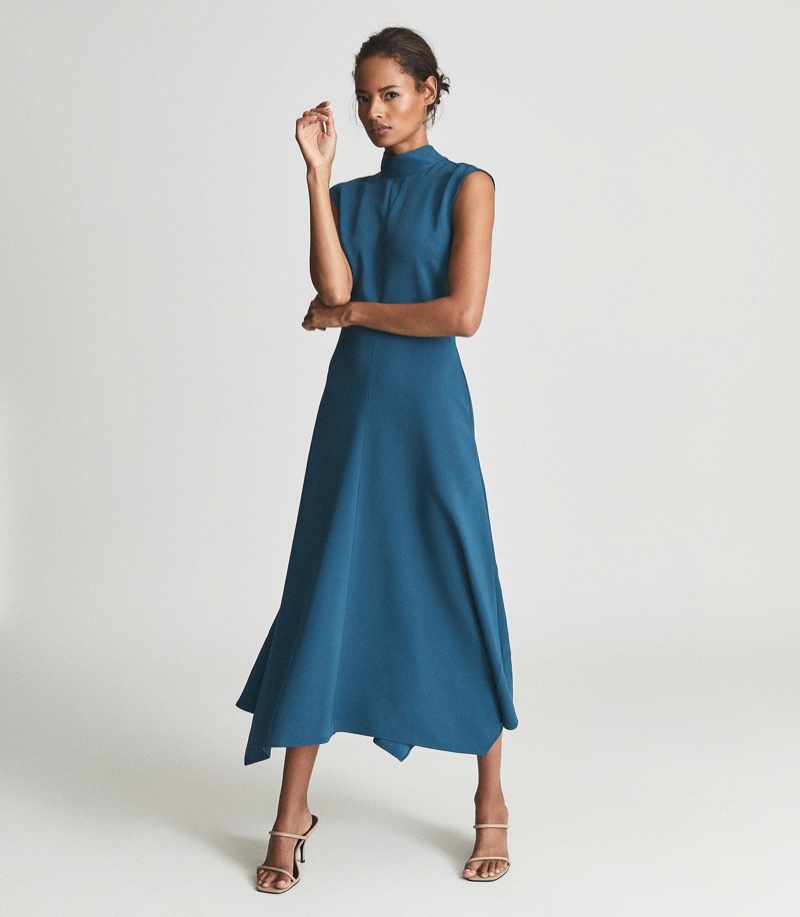 Reiss Livvy Open Back Midi Dress in Teal $395