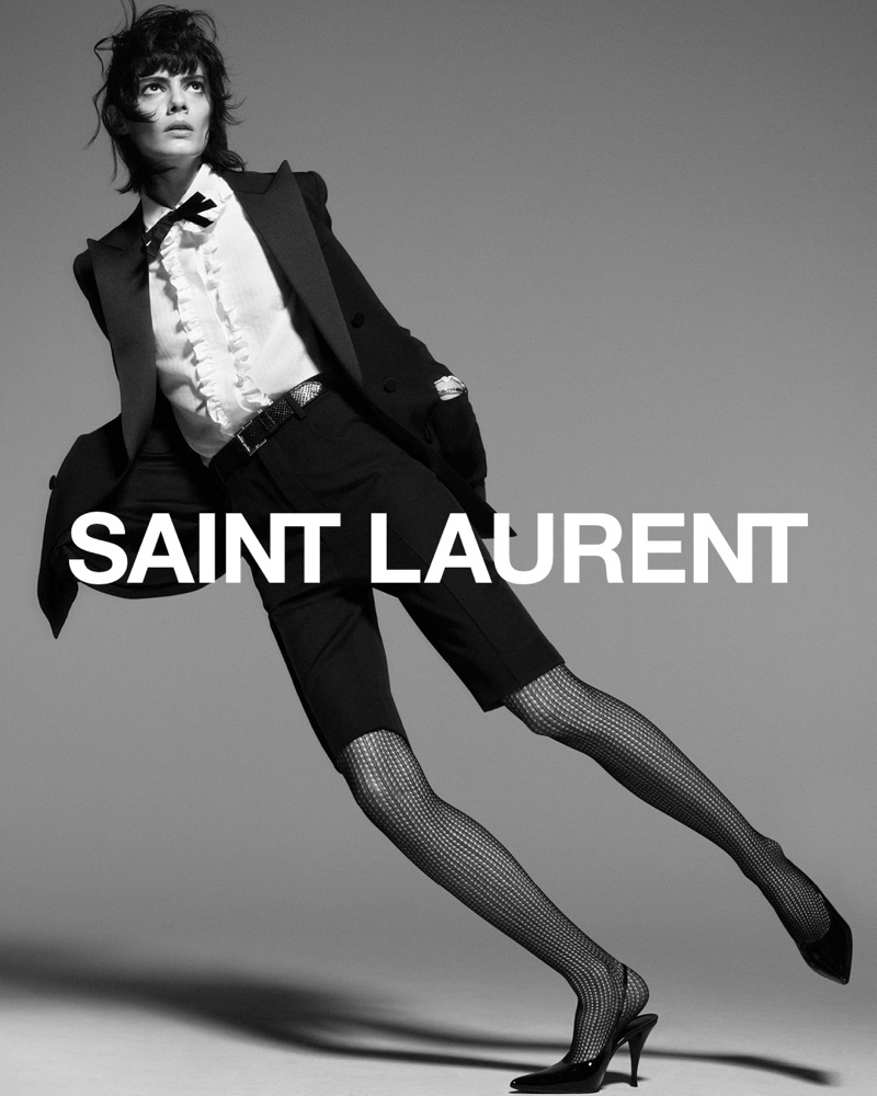 Sihana Shalaj wears tuxedo shorts look for Saint Laurent fall 2021 campaign.