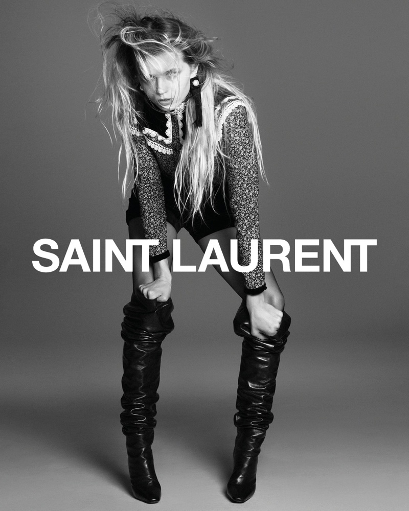Model Abbey Lee Kershaw poses for Saint Laurent fall 2021 campaign.