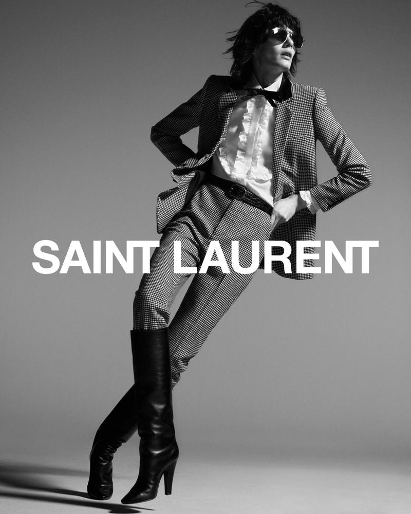 Model Sihana Shalaj suits up in Saint Laurent fall 2021 campaign.