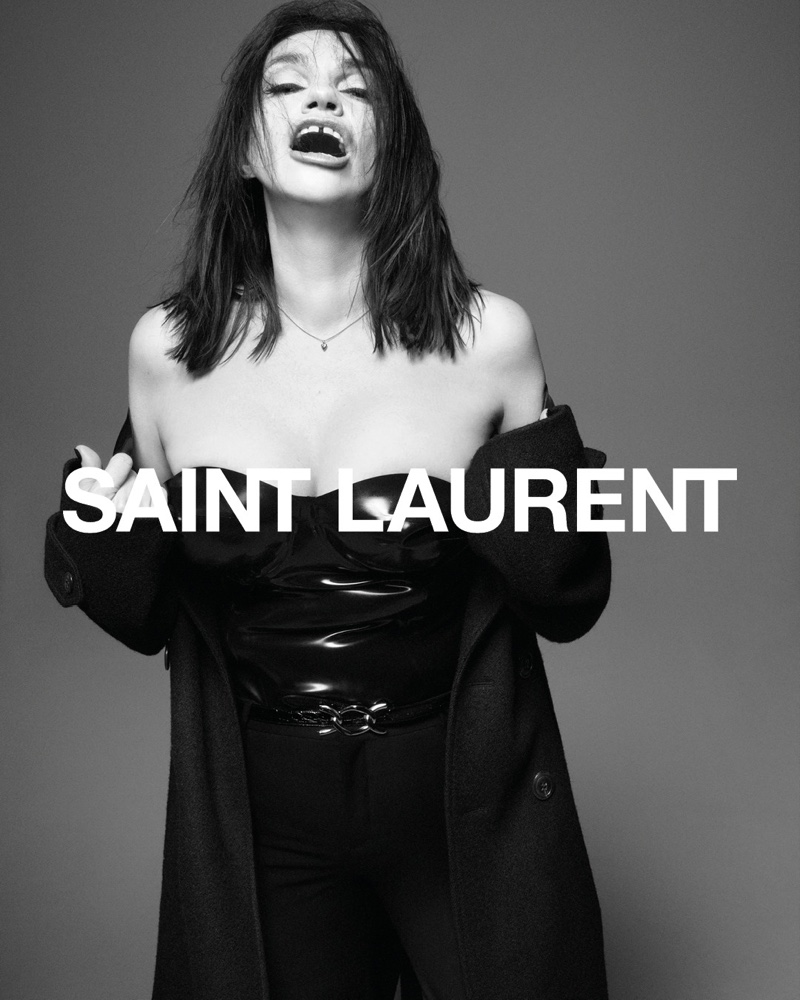 Béatrice Dalle emotes in Saint Laurent fall 2021 campaign.