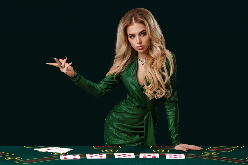 Woman Green Dress Blonde Cards Casino Table