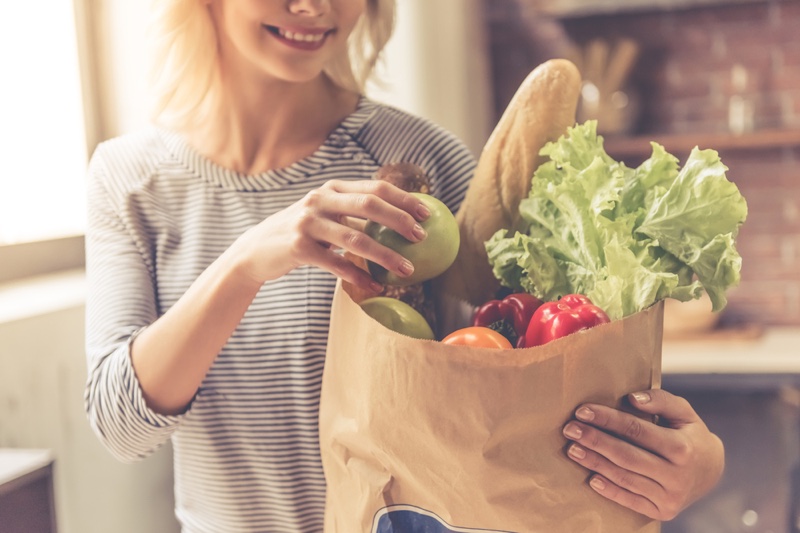 Woman Holding Paper Bag Vegetables Fruit Healthy Food