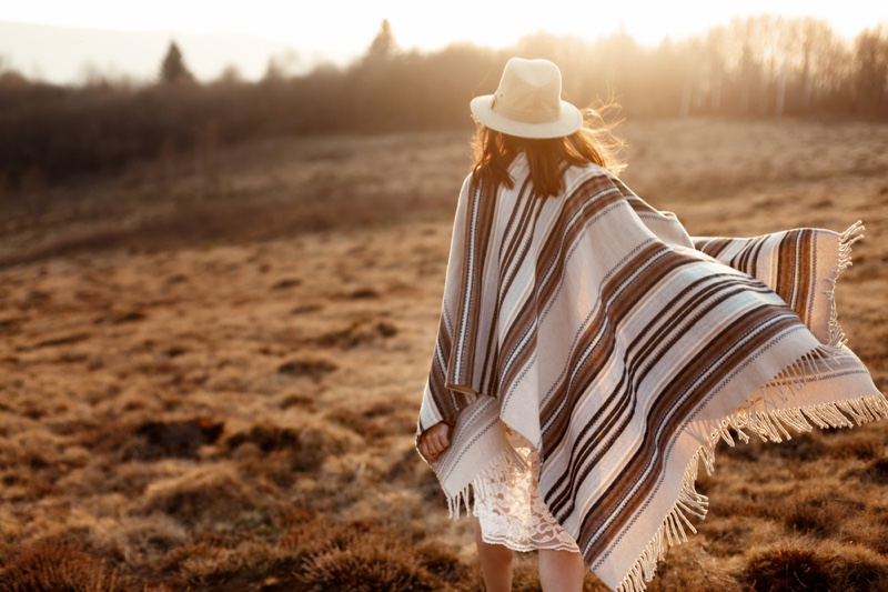 Woman Striped Poncho Outdoors Back