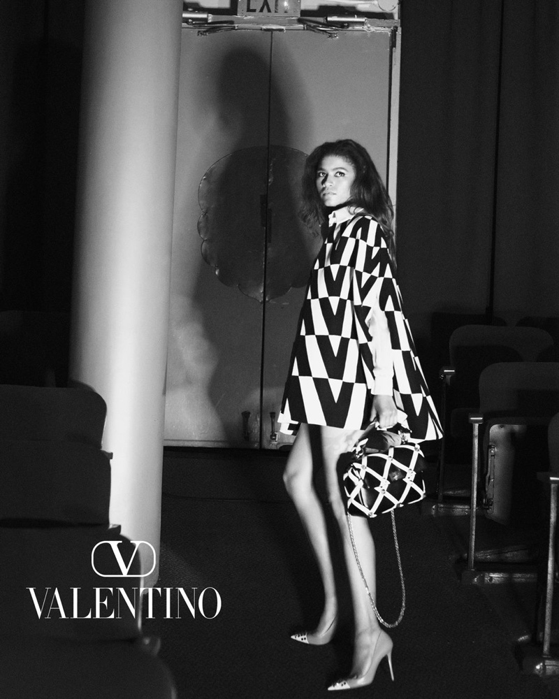 Actress Zendaya poses in optical print for Valentino fall-winter 2021 campaign.