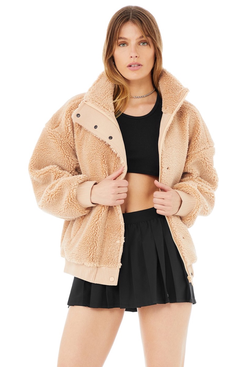 Alo Sherpa Varsity Jacket in Camel $198