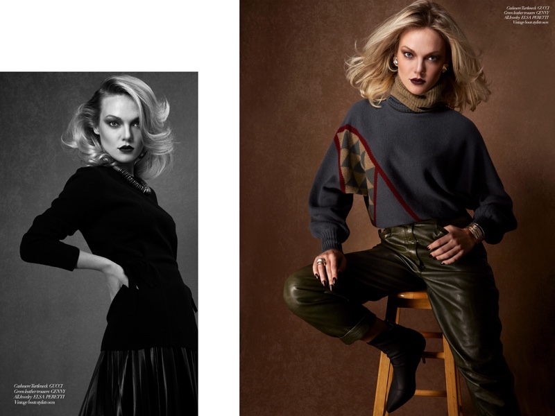 (Left) Sweater Givenchy, Leather Pleated Skirt Prada, Ring Elsa Peretti, and stylist’s own vintage necklace. (Right) Cashmere Turtleneck Gucci, Green Leather Trousers Genny, All Jewelry Elsa Peretti, and Vintage Boots stylist’s own. Photo: Gail Hadani