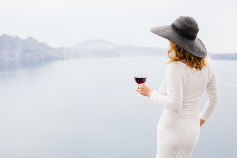 Back Woman Holding Wine White Dress Hat