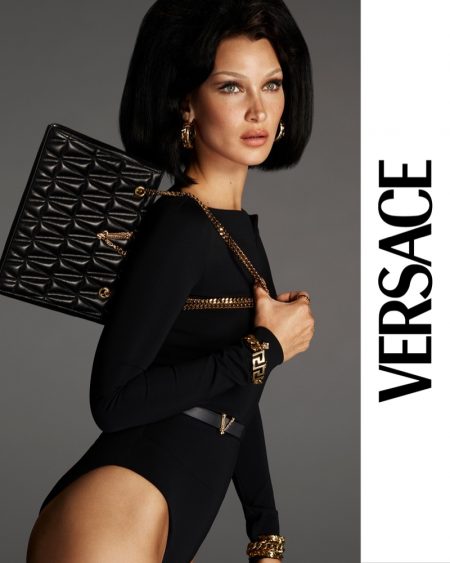 Bella Hadid Captivates in Versace 'Virtus' Bag Campaign Bella Hadid stars in Versace Virtus handbag 2021 campaign.