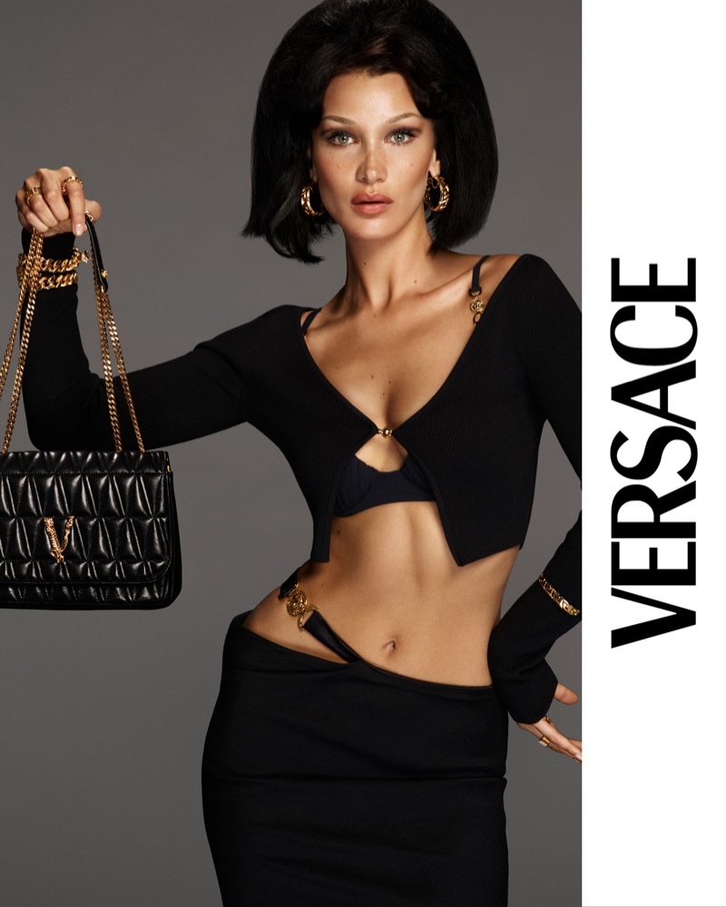 Model Bella Hadid poses for Versace Virtus handbag 2021 campaign.
