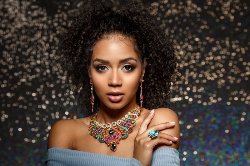 Black Model Curly Hair Colorful Statement Jewelry