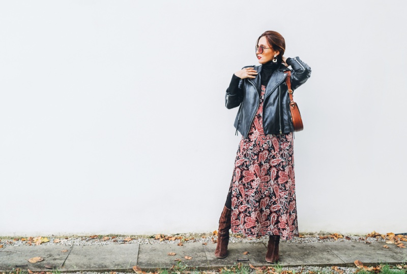 Boho Style Leather Jacket Printed Dress Layers