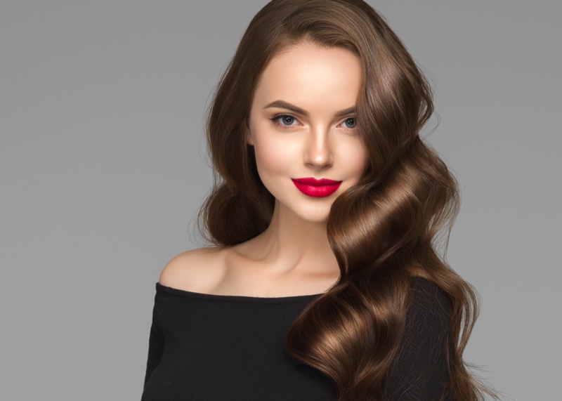 Brunette Woman Glamorous Healthy Hair Red Lipstick