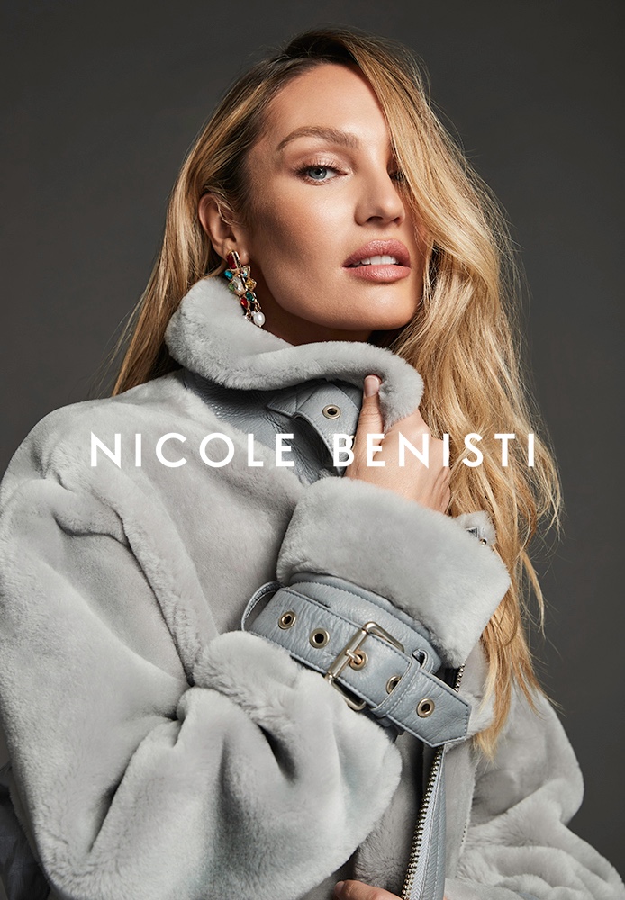 Layered in shearling, Candice Swanepoel poses in Nicole Benisti fall-winter 2021 campaign.