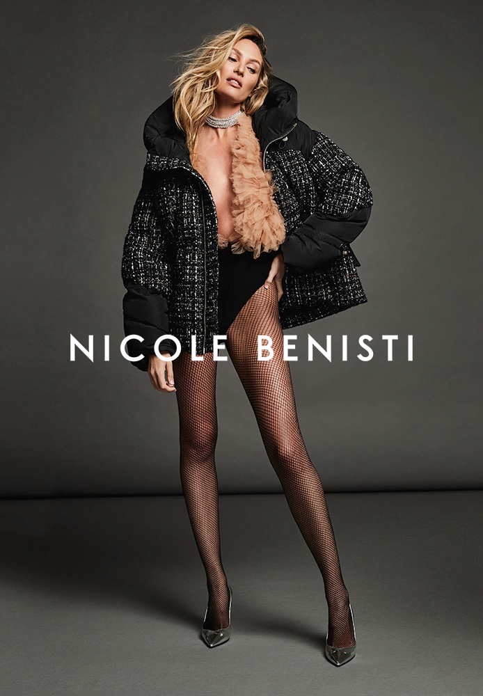 Rocking tweed, Candice Swanepoel fronts Nicole Benisti fall-winter 2021 campaign.