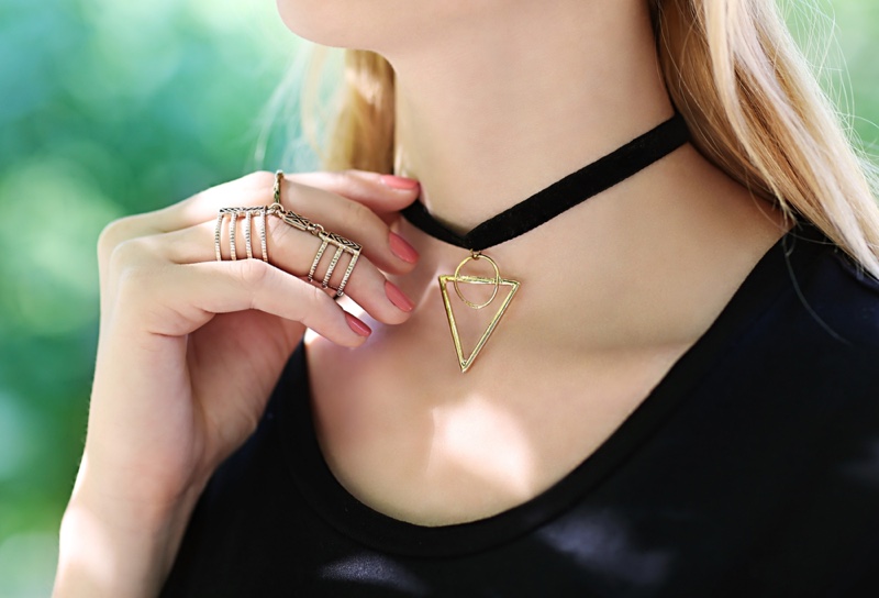 Closeup Choker Necklace Triangle Circle Pendant Rings