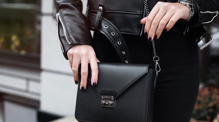 Closeup Woman Black Purse Leather Jacket Black Nails Closeup