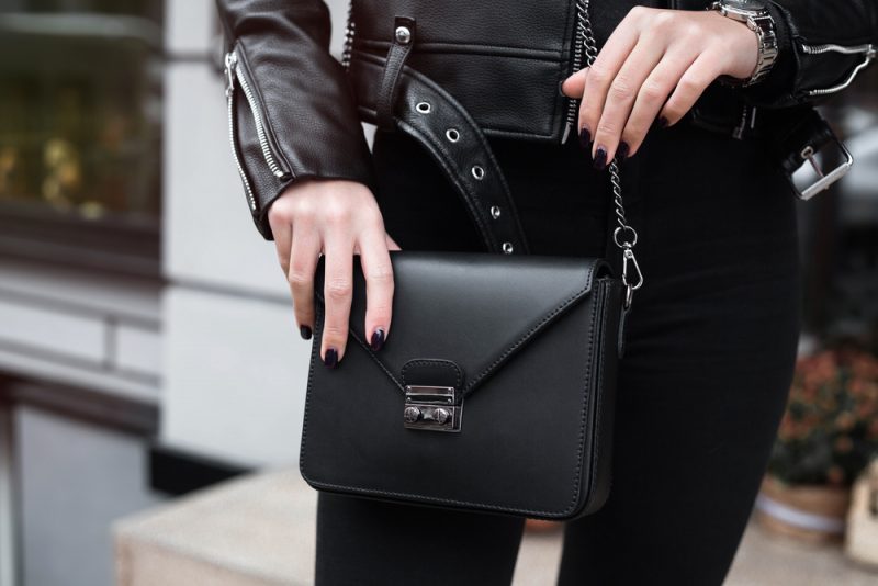 Closeup Woman Black Purse Leather Jacket Black Nails Closeup