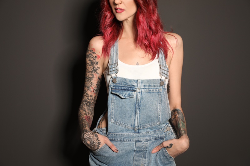Cropped Woman Arm Sleeve Tattoo Overalls Red Hair
