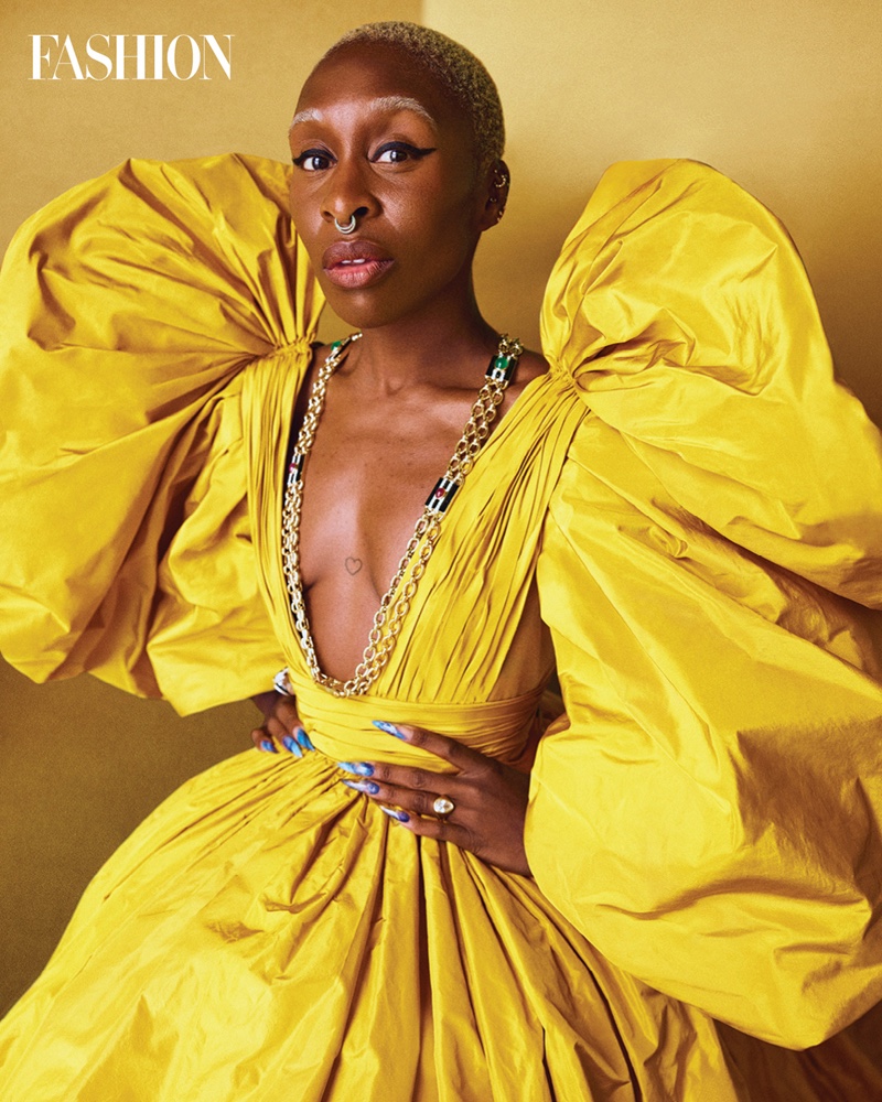 Shining in yellow, Cynthia Erivo wears Valentino dress and David Webb necklace. Photo: Royal Gilbert / FASHION