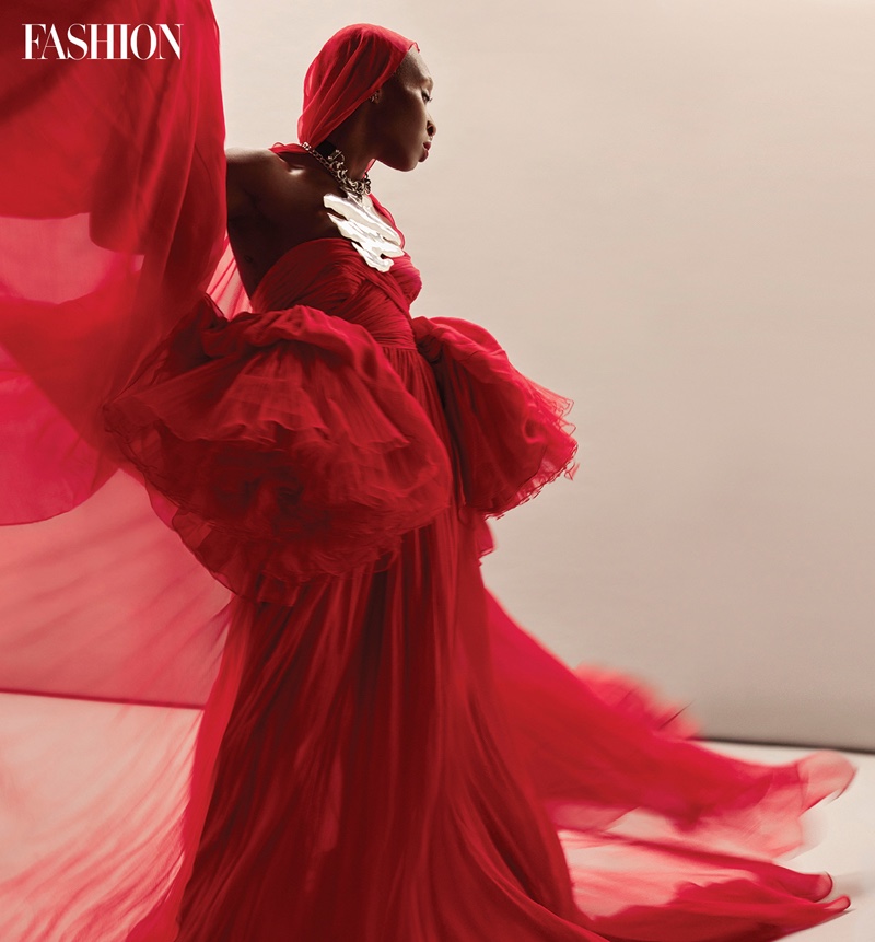 Cynthia Erivo poses in Giambattista Valli dress and Sterling King necklace. Photo: Royal Gilbert / FASHION