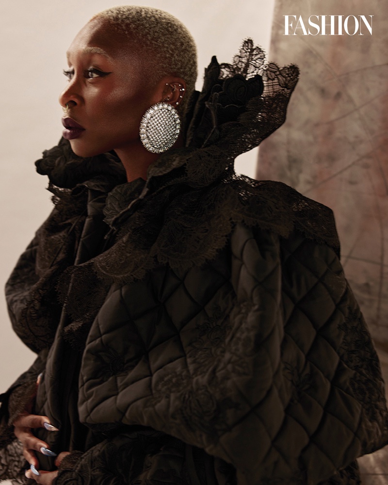 Cynthia Erivo poses in Balenciaga coat and earrings. Photo: Royal Gilbert / FASHION