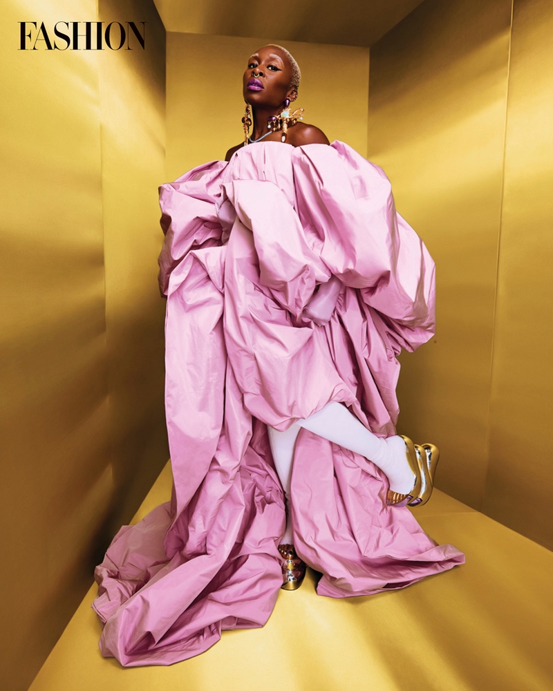 Dressed in pink, Cynthia Erivo wears Schiaparelli look. Photo: Royal Gilbert / FASHION