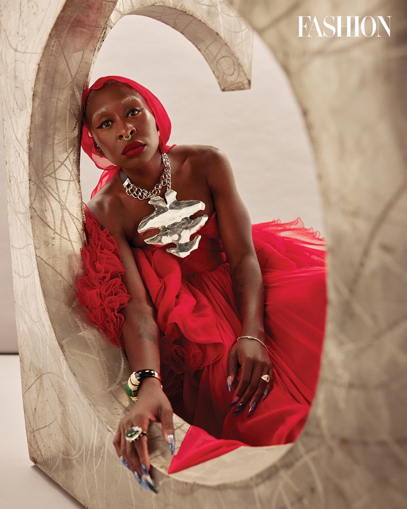 Actress Cynthia Erivo wears red Giambattista Valli dress and Sterling King necklace. Photo: Royal Gilbert / FASHION