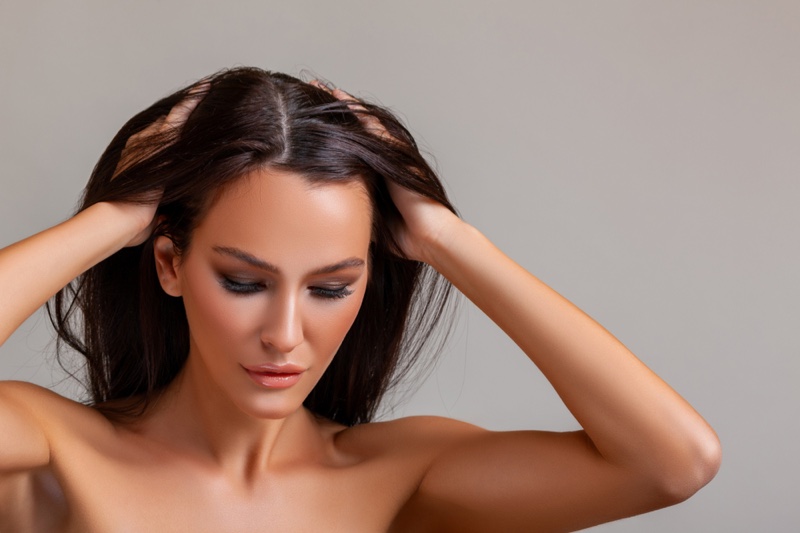 Dark Haired Woman Thin Hair Loss Struggling