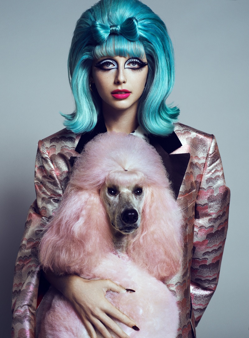 A pink poodle co-stars with Emma Chamberlain in the shoot. Photo: Domen & Van de Velde / Courtesy of V Magazine