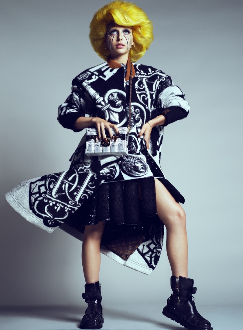 Rocking print, Emma Chamberlain poses in the Louis Vuitton x Fornasetti collaboration. Photo: Domen & Van de Velde / Courtesy of V Magazine