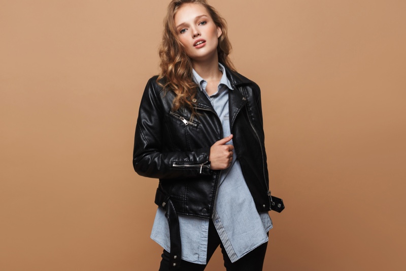Fashion Model Leather Jacket Long Shirt