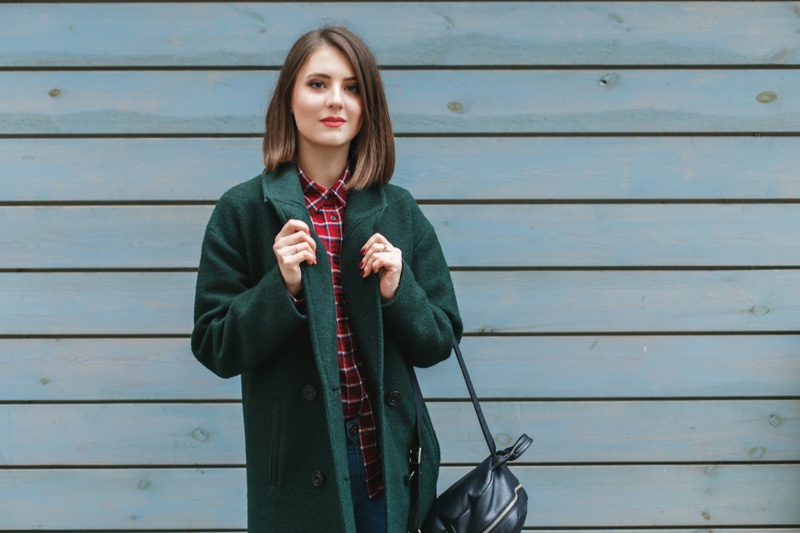 Green Coat Red Plaid Shirt Look