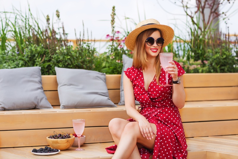 Happy Model Red Polka Dot Wrap Dress Drinks