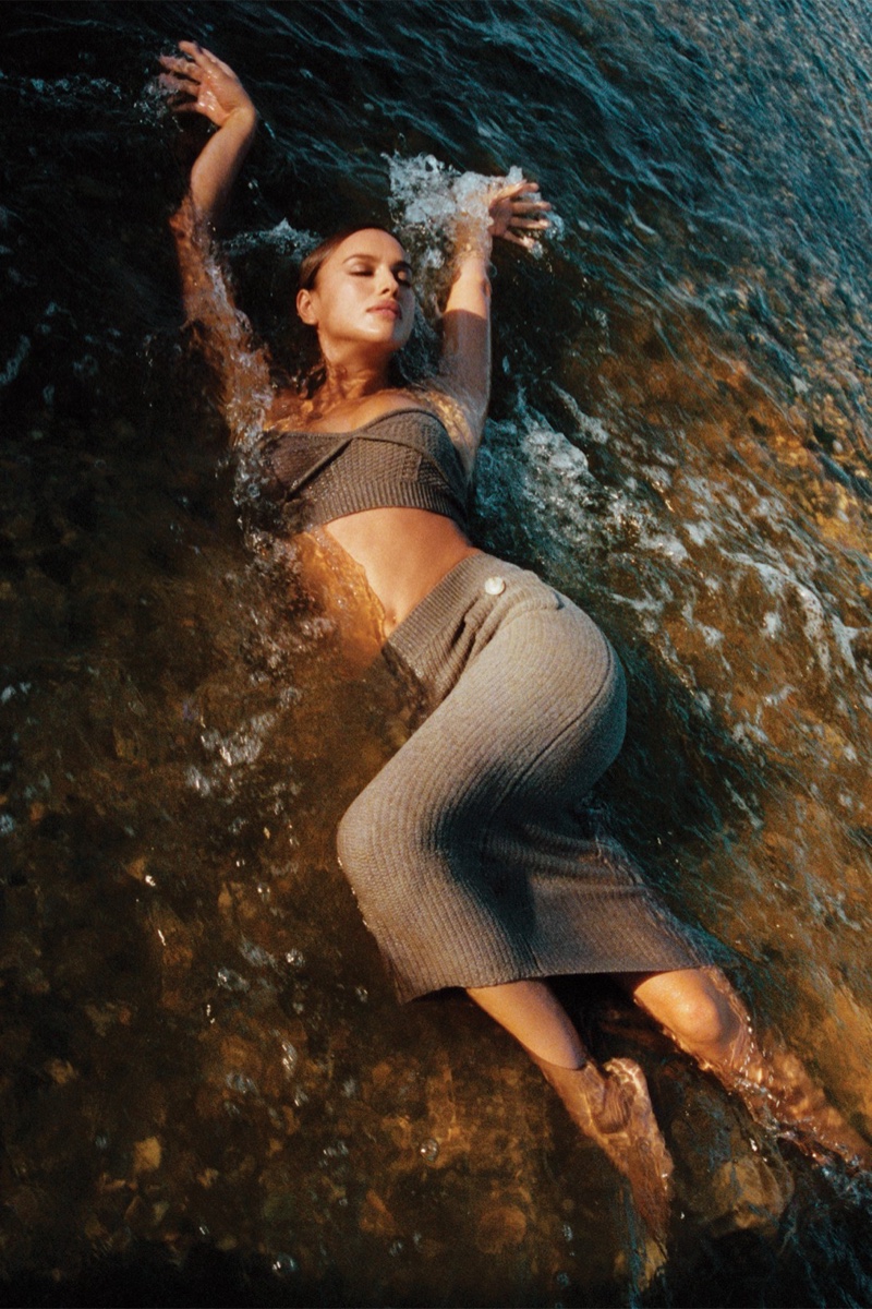 Irina Shayk takes a dip in knitwear for Self-Portrait resort 2022 campaign.